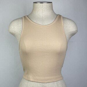 Zara Cropped Ribbed Top Size Small Beige Halter High Neck Sleveless Tshirt Tank